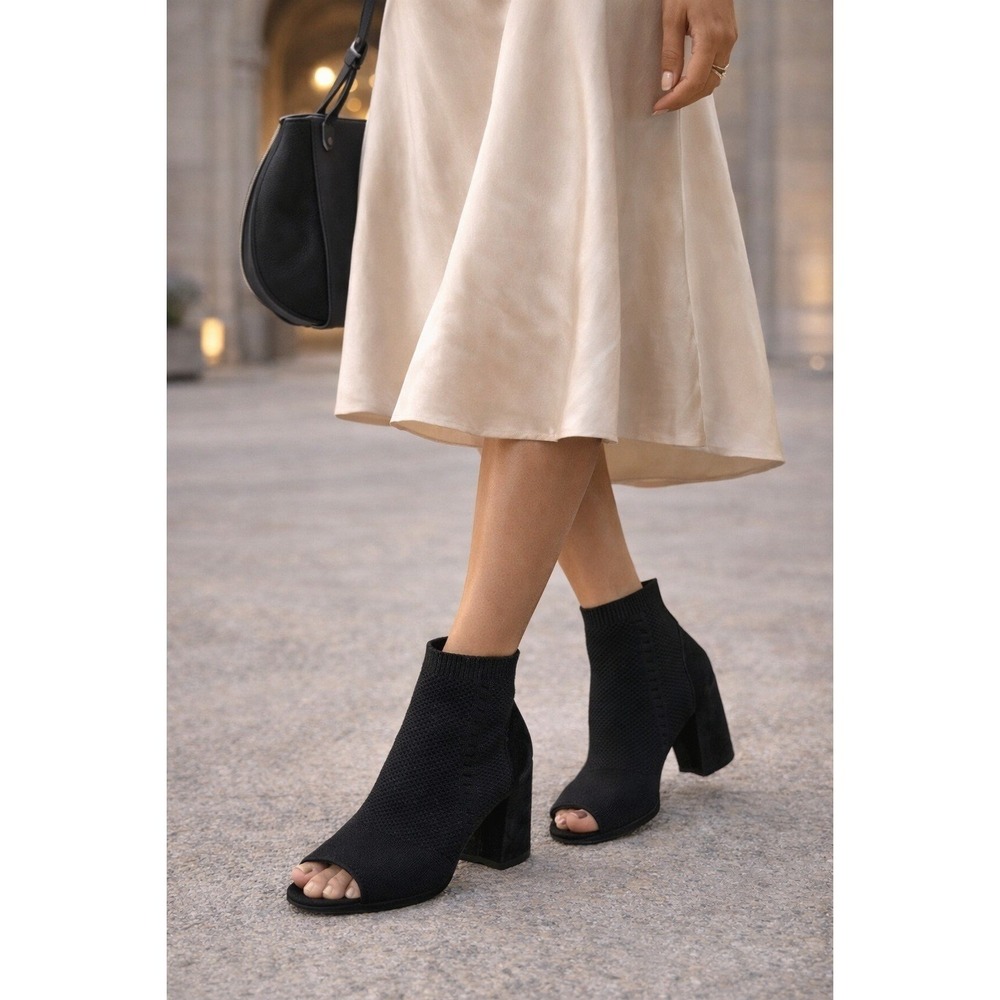 Eileen Fisher Booties Women 6 Black Knit Suede Peep Toe Block Heel Stretch